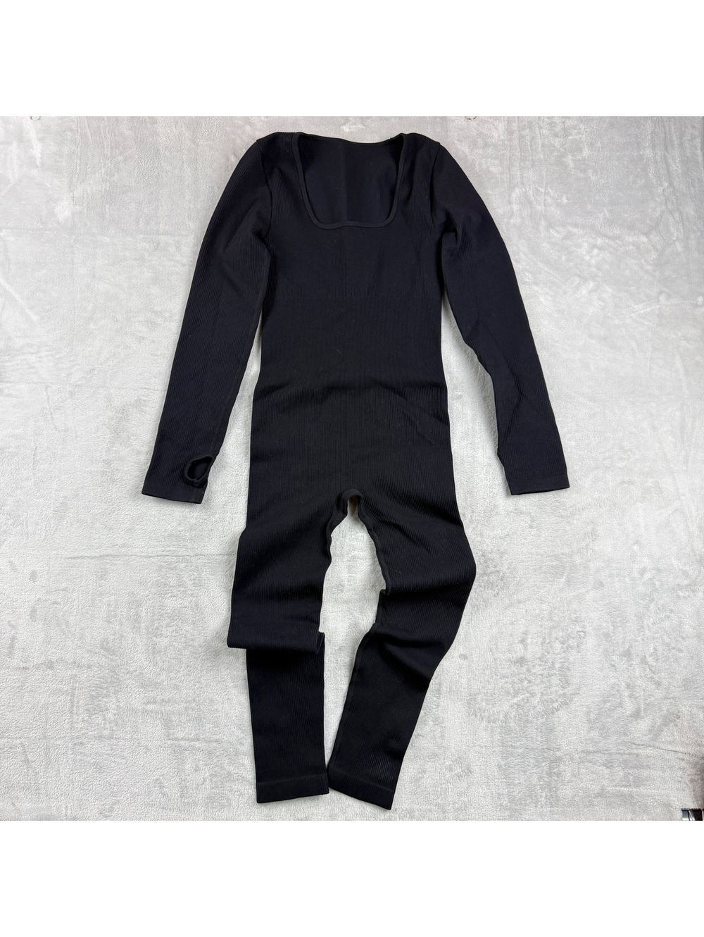 Womens Black Ribbed Long Sleeve Unitard Bodysuit Jumpsuit Square Neck Stretch